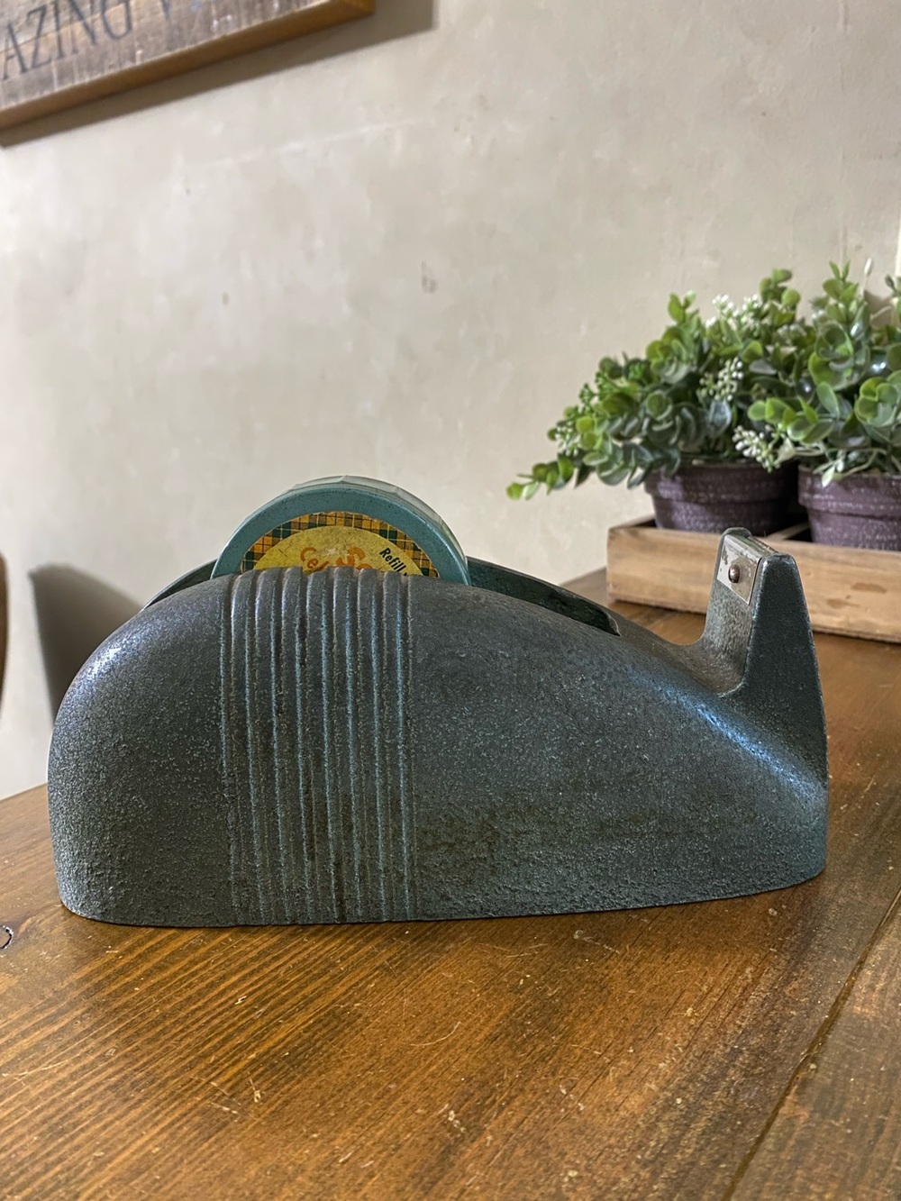 vintage green cast iron Scotch tape dispenser 1940s Art Deco whale tail design